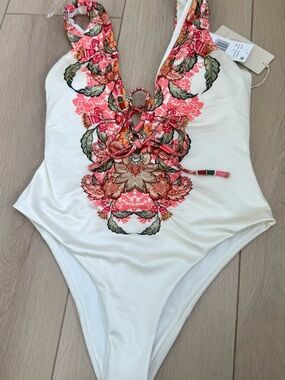 NWT Cosita Linda Plunge Lace-Up Embroidered Beaded Floral One-Piece Swimsuit